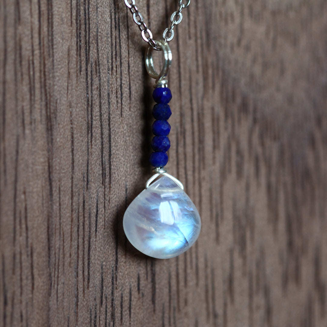 Moonstone Necklace with Lazurite Accents - Handmade Wire Wrapped Pendant
