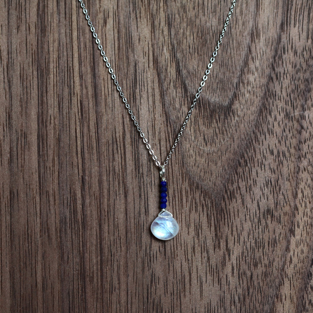 Moonstone Necklace with Lazurite Accents - Handmade Wire Wrapped Pendant