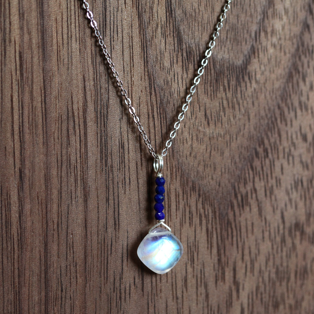 Luminous Moonstone Necklace, Wire Wrapped with Lazurite Accents - Handmade Pendant