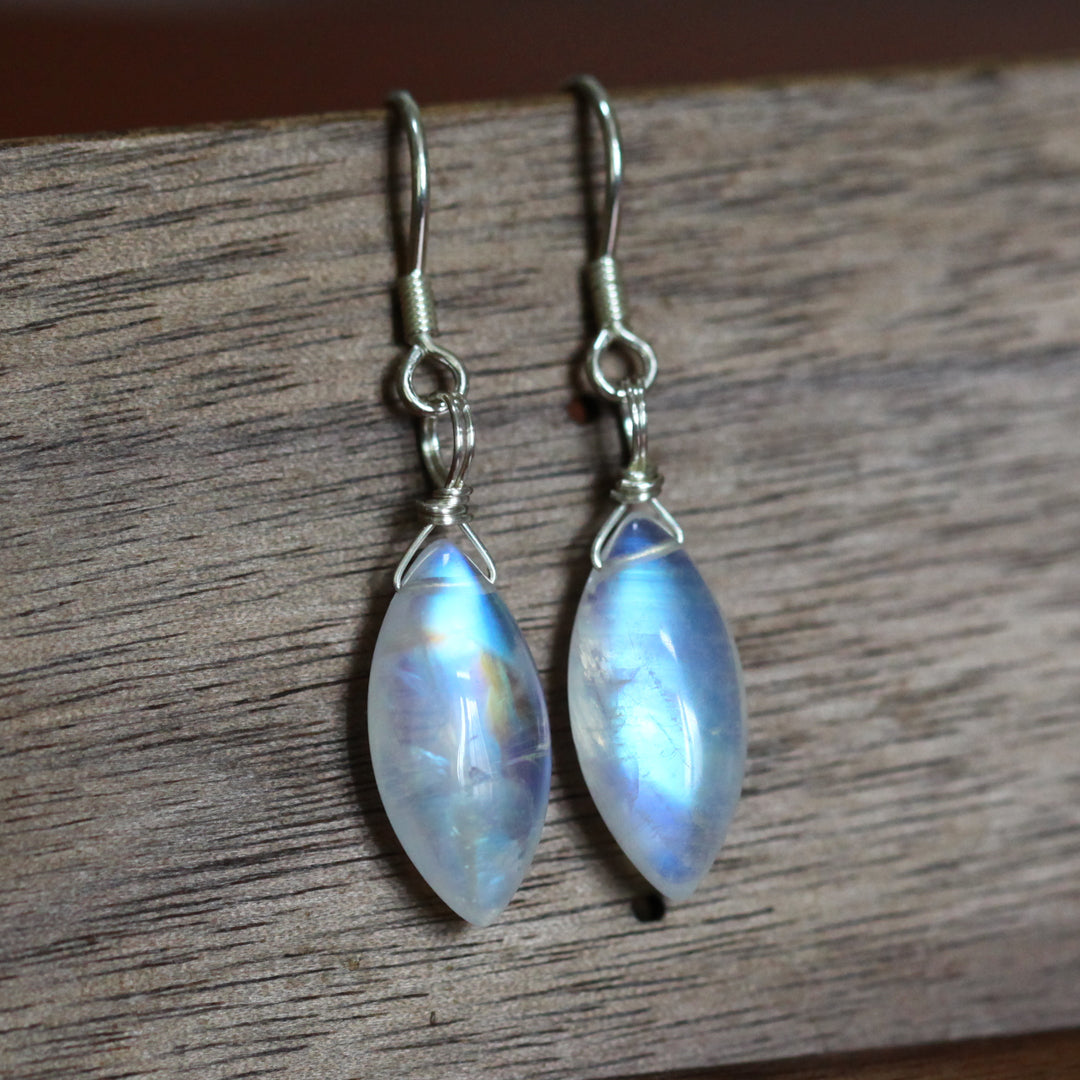 Rainbow Moonstone Earrings - Marquise Drop, Wire Wrapped Silver, Handmade Jewelry