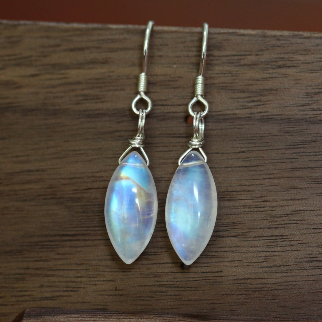 Rainbow Moonstone Earrings - Marquise Drop, Wire Wrapped Silver, Handmade Jewelry