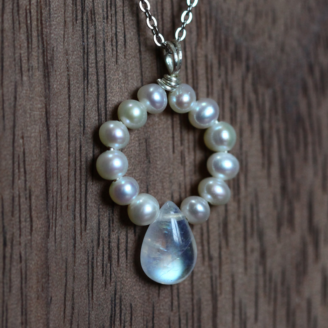 Moonstone & Pearl Circle Necklace - Wire Wrapped Pendant with Natural Gemstones
