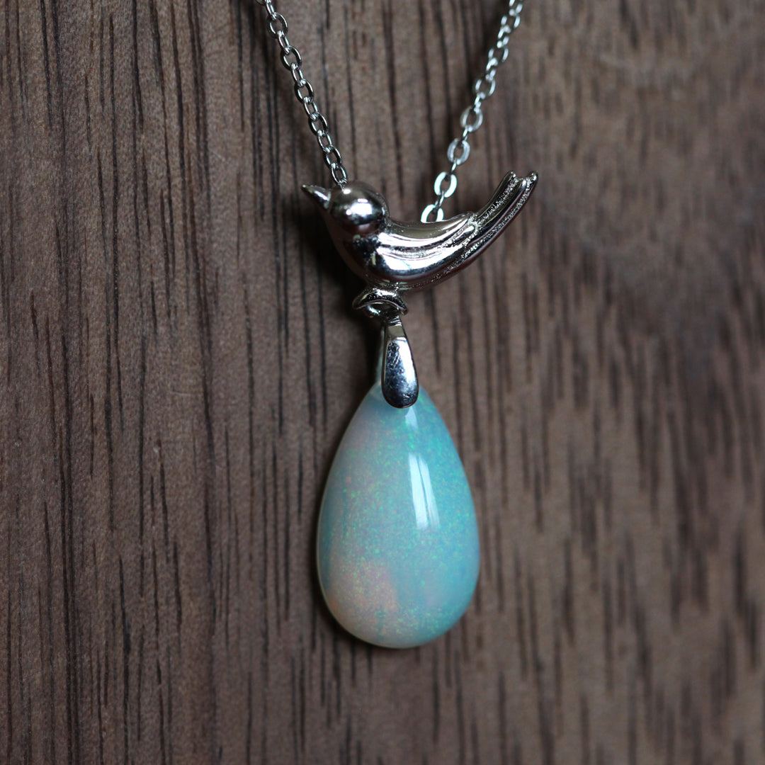 Opal Necklace with Silver Bird Charm - Teardrop Gemstone Pendant, Handmade Jewelry
