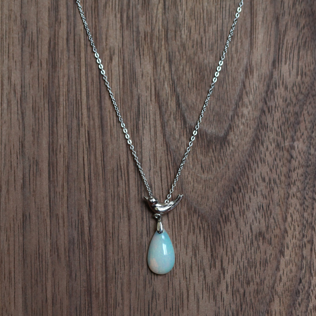 Opal Necklace with Silver Bird Charm - Teardrop Gemstone Pendant, Handmade Jewelry
