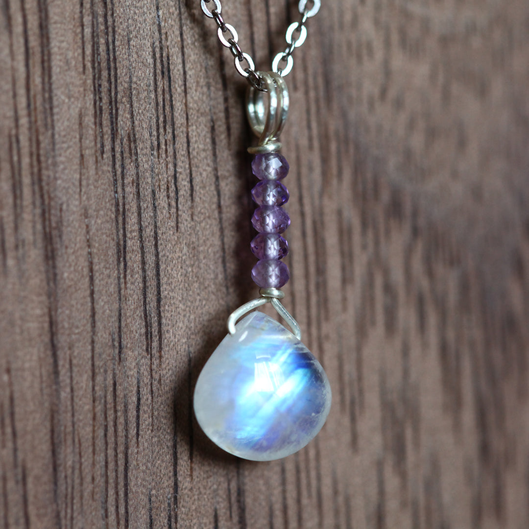 Moonstone & Amethyst Necklace - Wire Wrapped Teardrop Pendant, Handmade Gemstone Jewelry