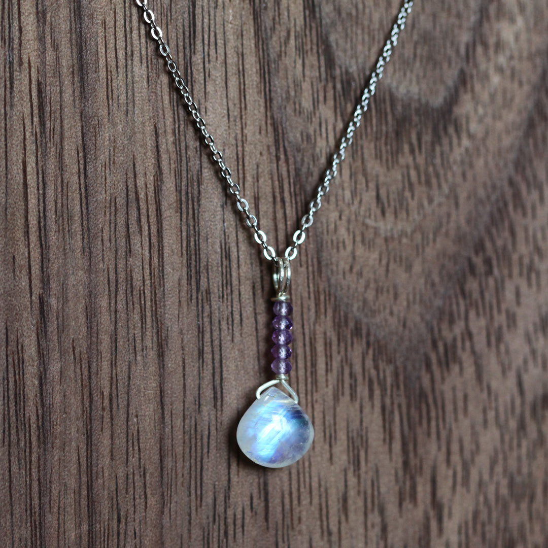 Moonstone & Amethyst Necklace - Wire Wrapped Teardrop Pendant, Handmade Gemstone Jewelry