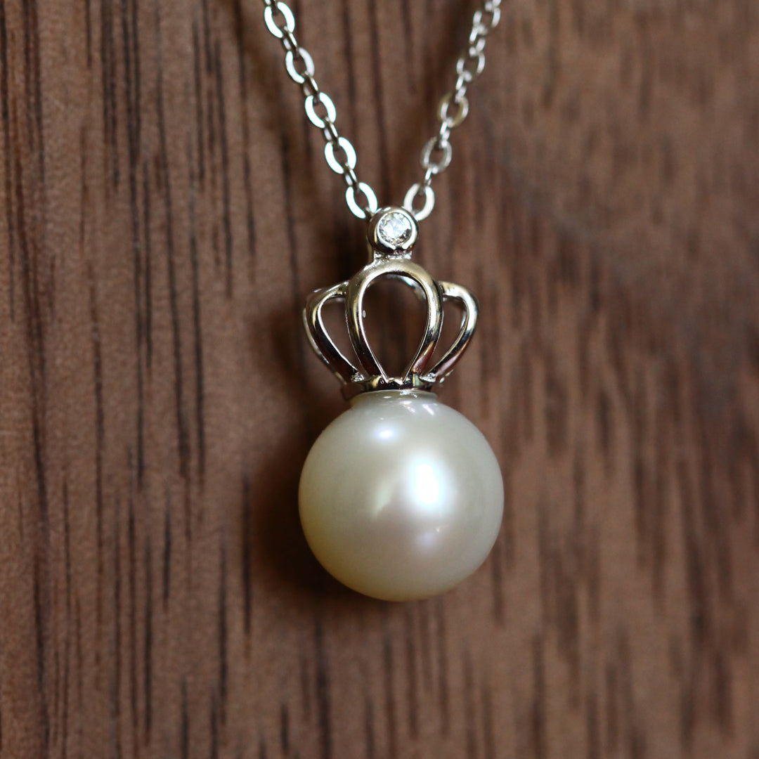 Pearl Necklace with Crown Setting - Single Pearl Pendant, Elegant Jewelry