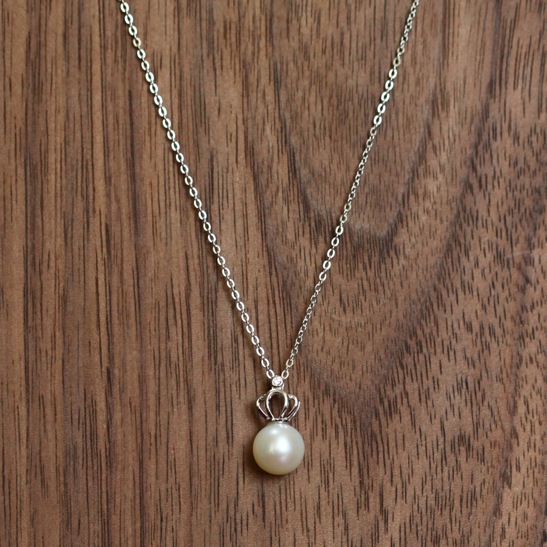 Pearl Necklace with Crown Setting - Single Pearl Pendant, Elegant Jewelry