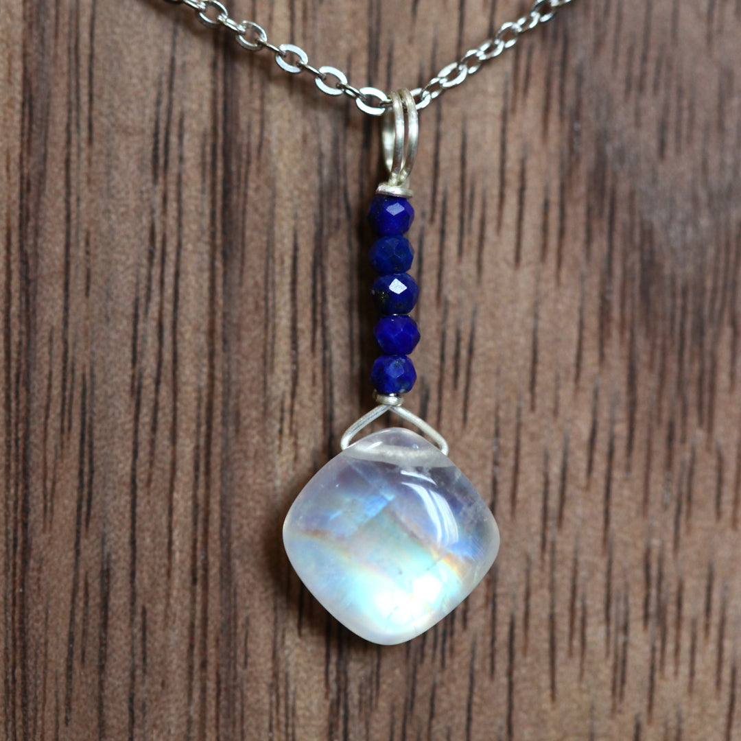 Luminous Moonstone Necklace, Wire Wrapped with Lazurite Accents - Handmade Pendant