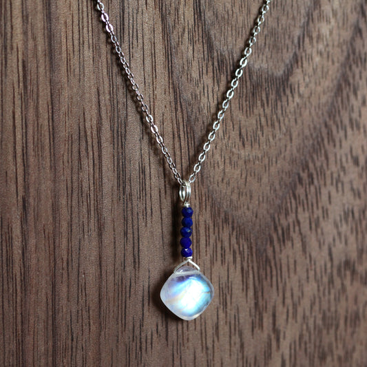 Luminous Moonstone Necklace, Wire Wrapped with Lazurite Accents - Handmade Pendant
