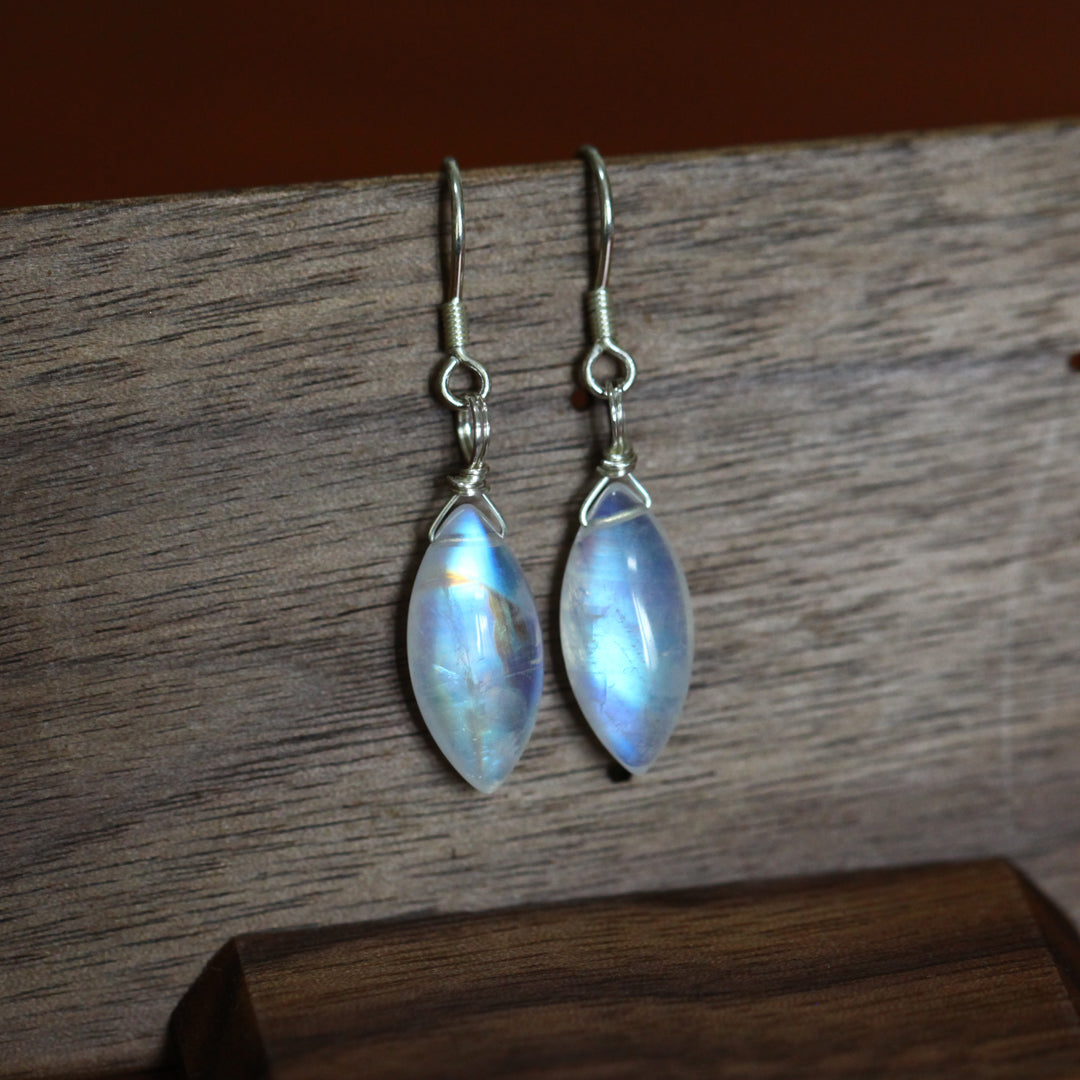 Rainbow Moonstone Earrings - Marquise Drop, Wire Wrapped Silver, Handmade Jewelry