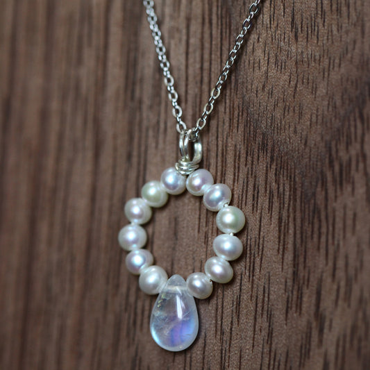 Moonstone & Pearl Circle Necklace - Wire Wrapped Pendant with Natural Gemstones