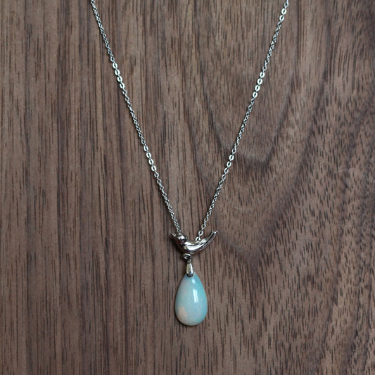 Opal Necklace with Silver Bird Charm - Teardrop Gemstone Pendant, Handmade Jewelry