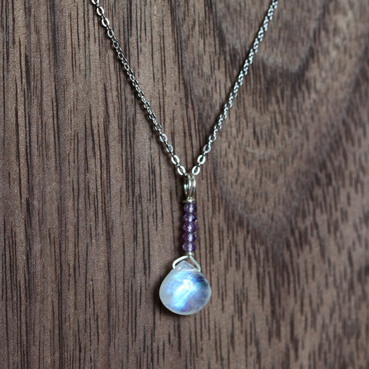 Moonstone & Amethyst Necklace - Wire Wrapped Teardrop Pendant, Handmade Gemstone Jewelry