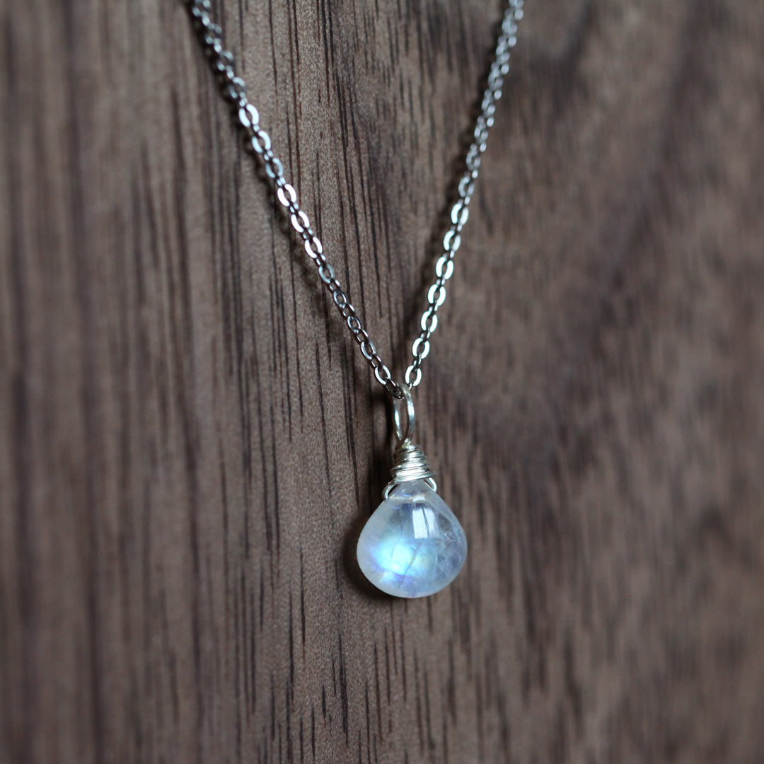 Rainbow Moonstone Necklace - Teardrop Pendant, Wire Wrapped Silver Chain, Handmade Jewelry